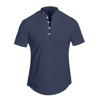 Мажи маица лето цврста штанд јака копче V-врат Краток ракав Обичен лабав маички кошули врвови