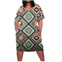 Дозвола-Продажба Фустани За Жени Плус Големина Краток Ракав Печатење Бледнеат Боја Фустан V-Вратот Макси Лабава Се Вклопуваат