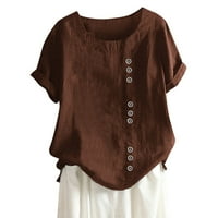жизаиху женска еднобојна блуза на вратот на екипажот краток ракав копче лабава секојдневна кошула блузи кафеава xxl