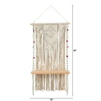 Скоро природно 2,5 '1,5' Боемски надвор од белиот wallид на Macrame, виси со дрвена полица за текстилна уметност