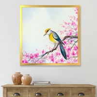 Прекрасна птица што седи на цветни гранки врамени сликарски платно уметничко печатење