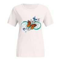 Женски блузи модни женски случајни лабава бела маица Пеперутка Печати кратки ракави Топ светло сина XL