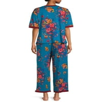 Pionенска жена за жени со кратки ракави за пижами и панталони сет, 2-парчиња