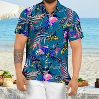 Пгерауг машки кошули Цветни Плажа Тропски Копче Надолу Кратки Ракави поло маици За мажи Темно Сина XL