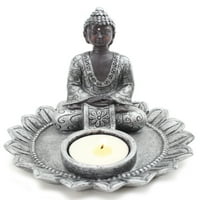 Фенг Шуи Мал 4 Тркалезен тајландски медитирајќи сребрен буда, држач за држач за држачи на свеќи за темјан, држач за темјан,