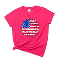 Дозвола Летни Врвови Тркалезно Деколте Женска Блуза Ден На Независноста Печатени Блузи Мода Со Кратки Ракави, Розова, XL