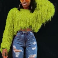 Tking Fashion Women Tassels Долги ракави врвови Кратка блуза Секси џемпер - Зелен м
