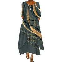 Едвинторг есенска облека за жени гроздобер фустан за дозвола мода жени крпеница печати обични лабави фустани со долг врат со