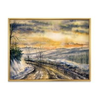 DesignArt 'Road под светло зајдисонце со зимски пејзаж' Традиционално врамено платно wallидна уметност печатење