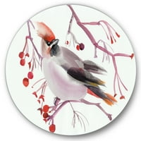 DesignArt 'Waxwing Bird што седи на гранка' Традиционална метална artидна уметност на кругот - диск од 23