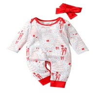 Есенско Божиќно новороденче бебешки момчиња облека облека за цртани филмови со долги ракави скокање + лента за глава XMAS облека