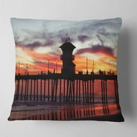 DesignArt Pier California на зајдисонце со облаци - Перница за фрлање на морскиот брег - 16x16