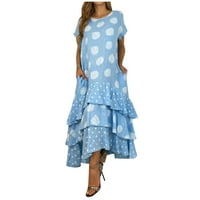 Клиренс летни фустани за жени околу деколте со средна должина темперамент А-линија цветни кратки ракави плажа фустан сина м