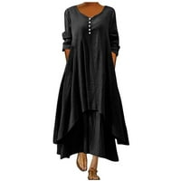 Cacommark pi midi фустани за жени чистење женски плус големина со тркалезна врата цврста долга фустан Хелф ракав Копчињата се