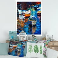 Чамци за време на топлото зајдисонце, кои се потпираат на водата што е врамена слика за сликање на платно, уметничко печатење