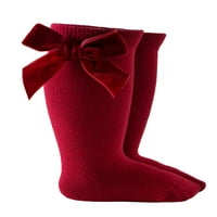 Бинпурни Чорапи Високи До Колена За Девојчиња, Класични Памучни Чорапи Со Цврста Боја со Кадифена Машна за Доенчиња